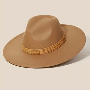 Womens Tan Wide Brim Fedora Hat with Braid Trim